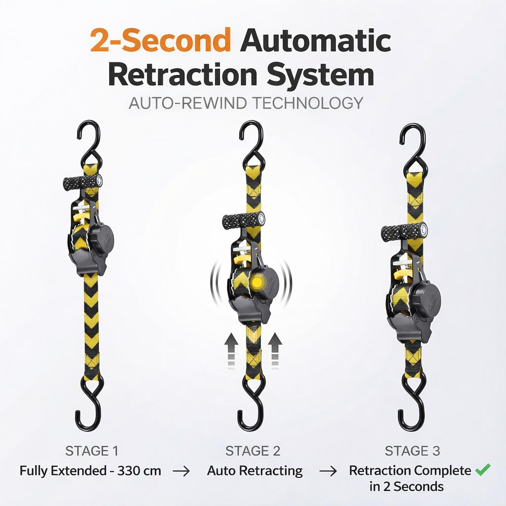 Einziehbarer Schwerlast-Ratschen-Zurrgurt 2,5 x 330CM Bruchfestigkeit 680KG Schnellverschluss für Motorrad ATV Auto Fracht Gepäck