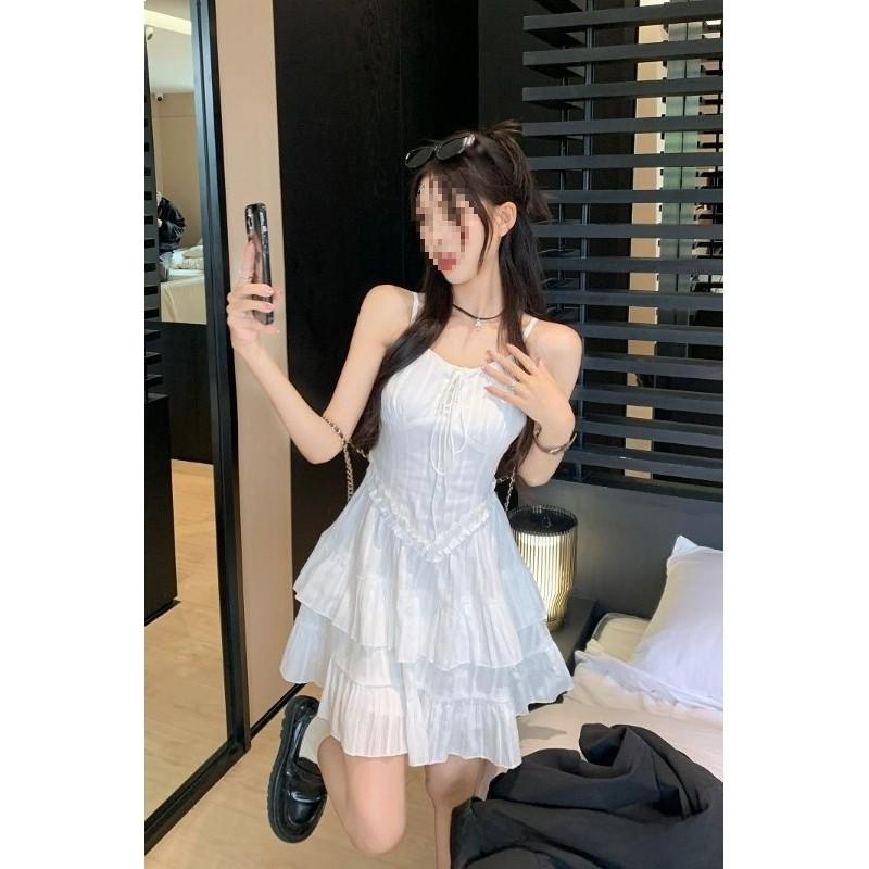 White Strap Dress Summer Knit Fabric Sleeveless Waist Short Skirt For Women
