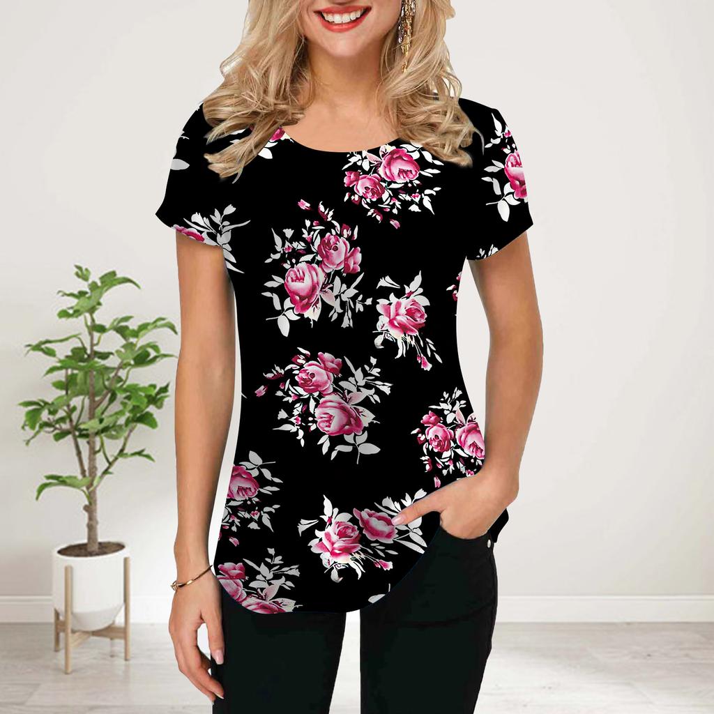 Women Summer T Shirt Green Leaves Print Short Sleeve Tees Casual Printed Tops