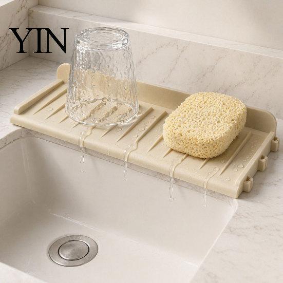 Non-slip Draining Mat Silicone Kitchen Sink Faucet Mat, Foldable Splash Guard with Suction Cup, 5 Degrees Slope Countertop Water for Bathroom Cups