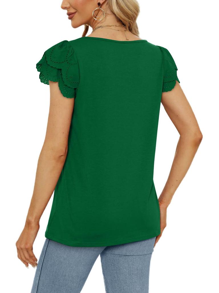 2023 Summer Women's Solid Color Loose U-Neck Lace Short Sleeve Top