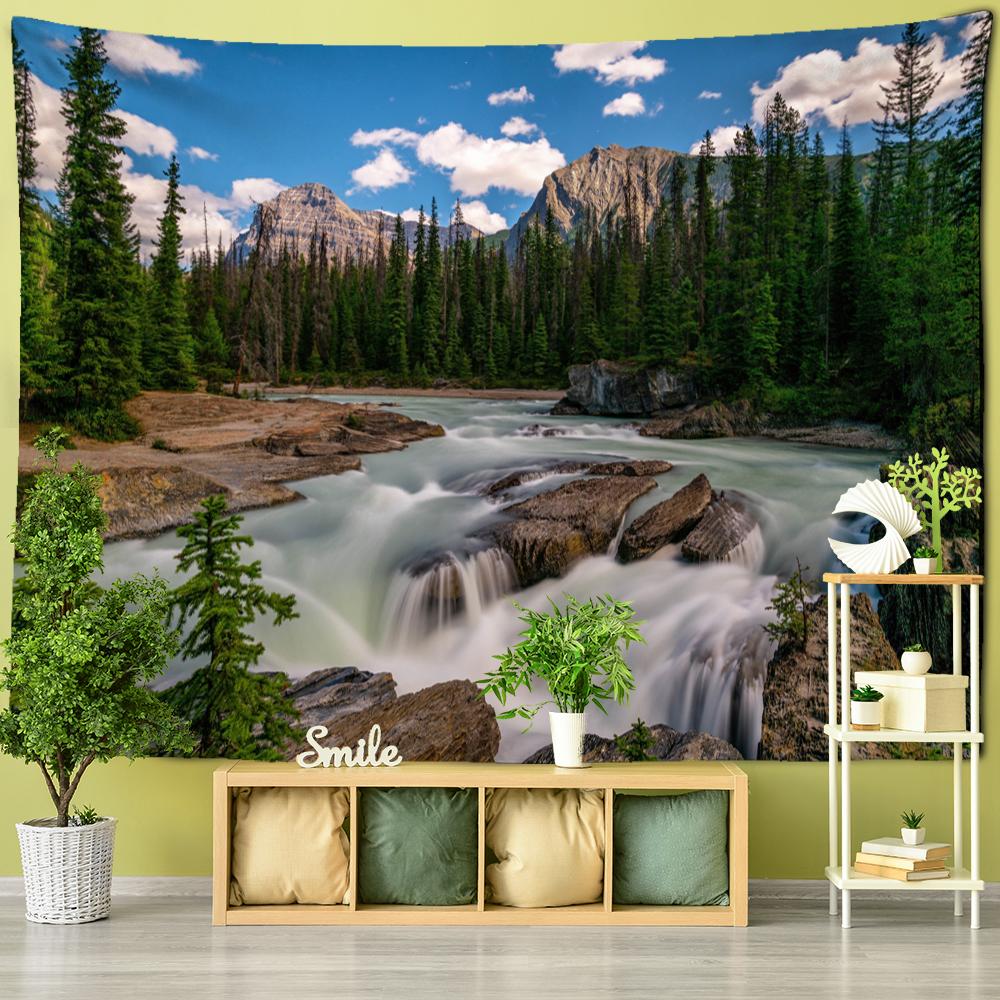 Tapiz de pared con vista a la montaña y al río, paisaje natural, bohemio, hippie, decoración de pared para dormitorio y sala de estar