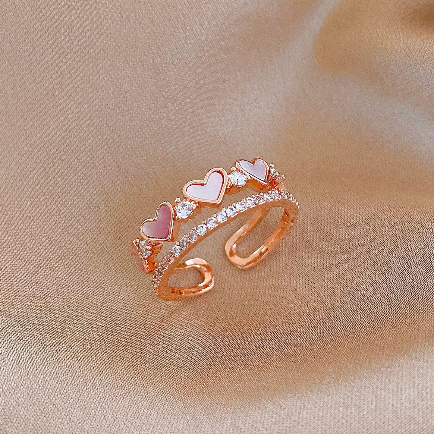 

Korean simple zircon fritillary double-layer love open ring niche index finger ring exquisite jewelry
