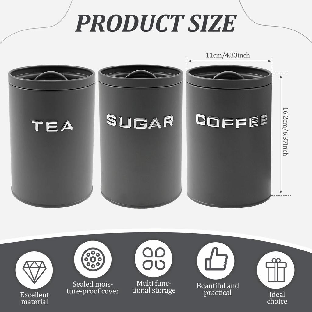 3 Pcs Tea Coffee Sugar Canister Jar Metal Round Kitchen Container with Airtight Lid Moisture Proof Coffee Beans Storage Jar