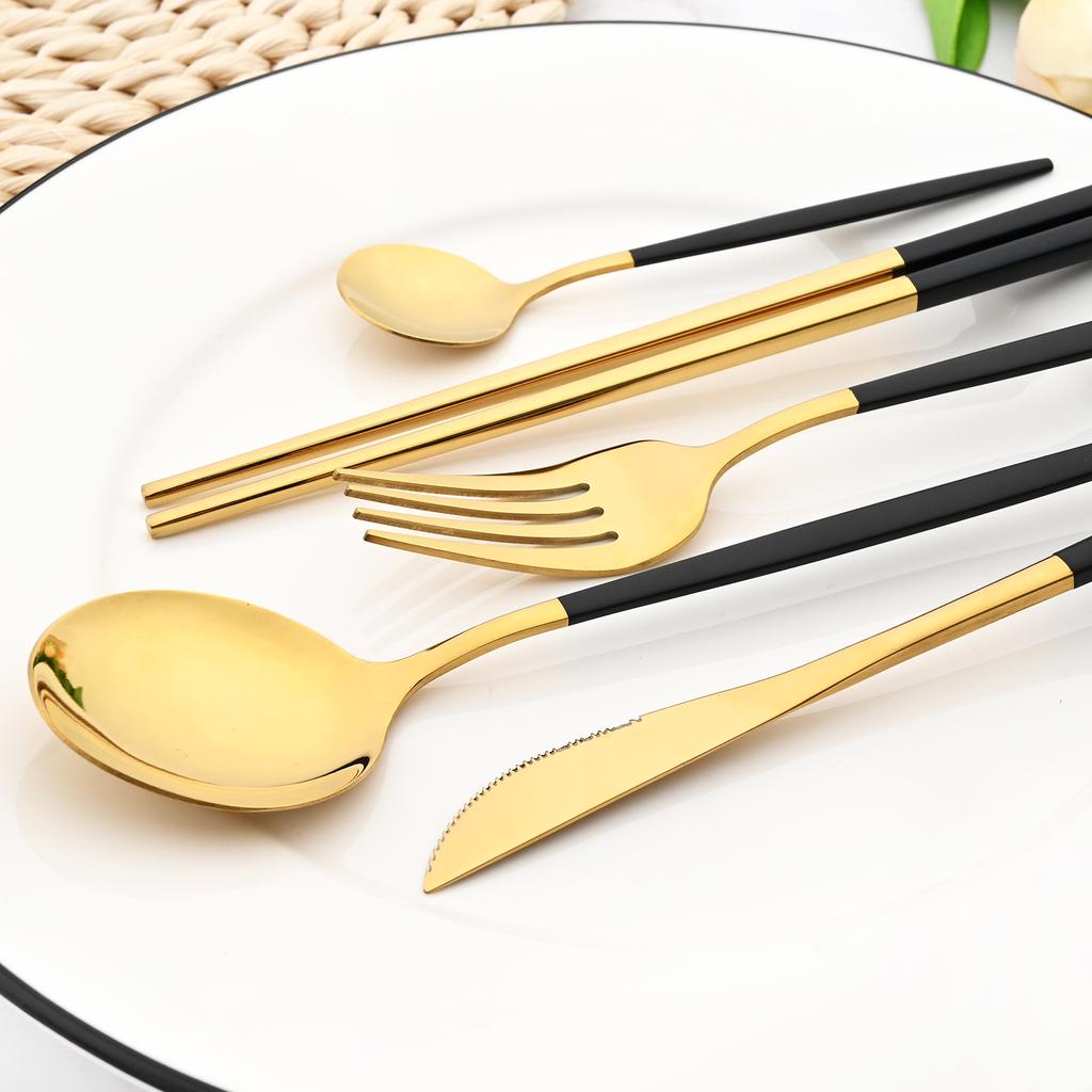 5Pcs Jankng Black Gold Stainless Steel Tableware Set Cutlery Knife Fork Spoon Chopsticks Teaspoon Dinnerware Set Dinner Kitchen Utensils
