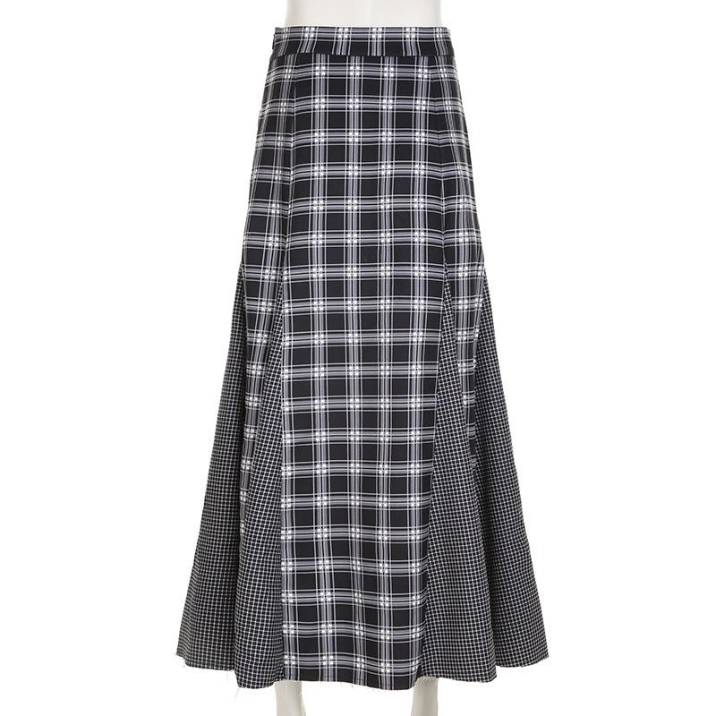 Women's Retro College Style Color Contrast Patchwork Check Low Waist Slimming All Matching Simple Skirt