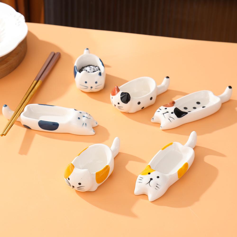 Creative Cartoon Ceramic Taste Plate Household Cute Kitten Dipping Plate Chopstick Rack Spoon Holder Hot Pot Sauce Plate Vinegar Plate