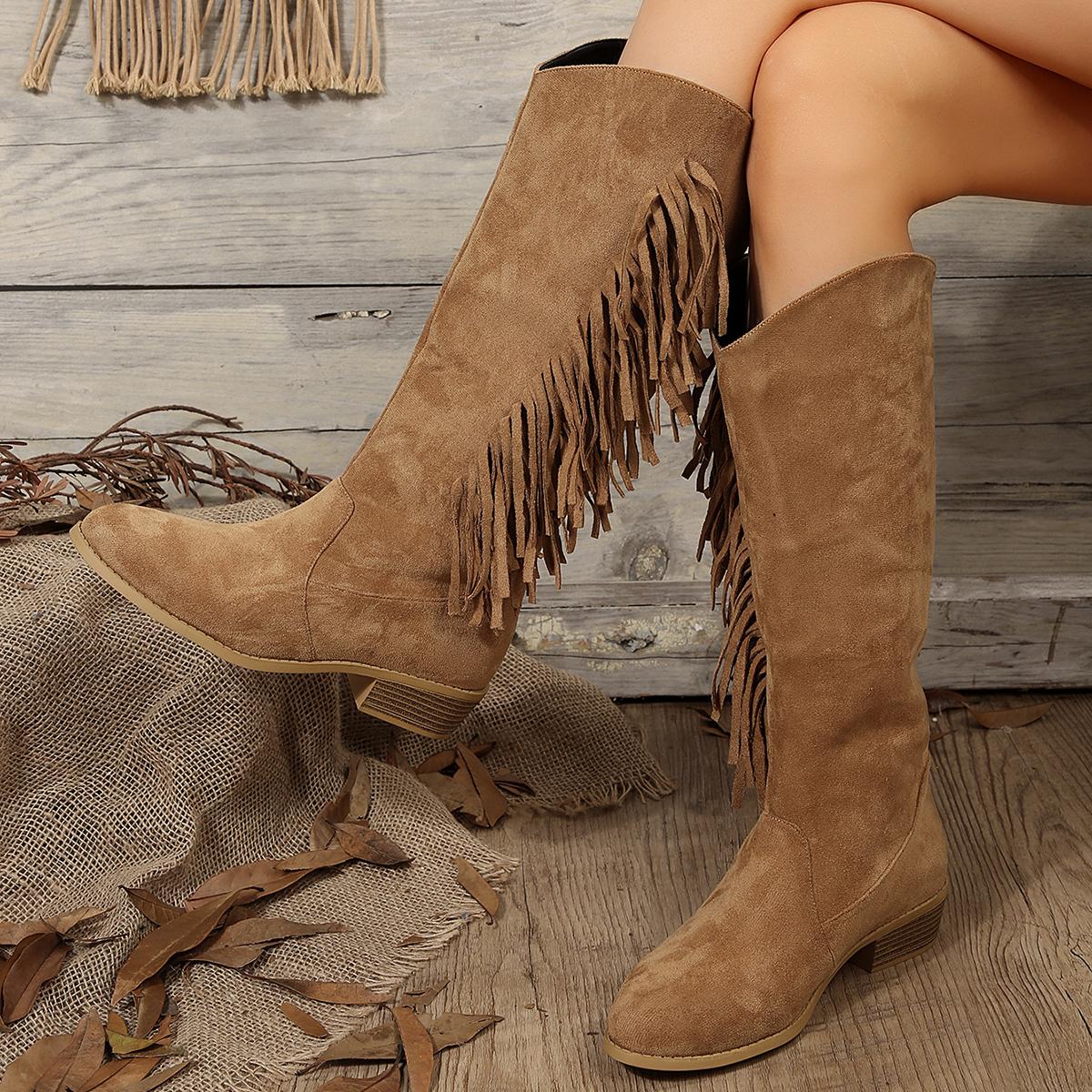 

Мода 2024 года, новые модные ретро-трендовые женские высокие сапоги, флокированные сапоги с острым носком, осенние и зимние сапоги до колена 42 коричневый