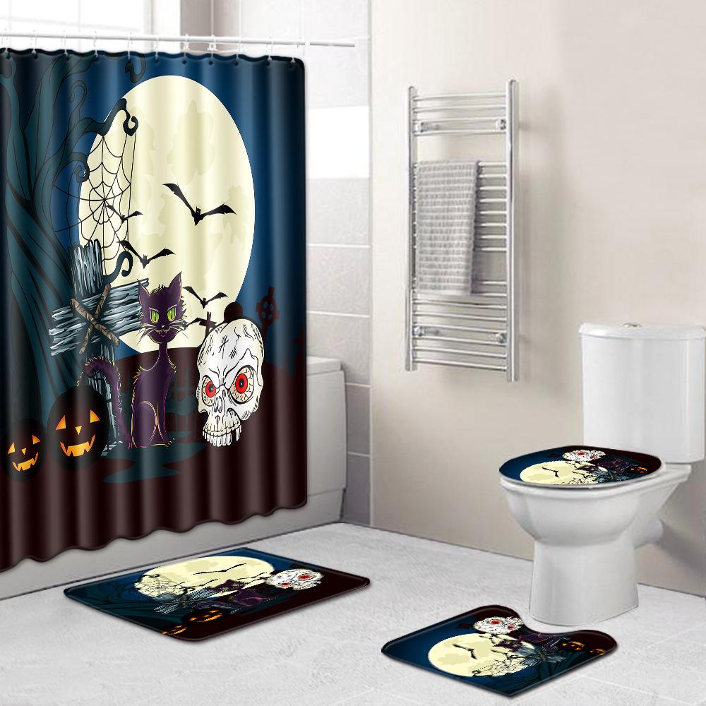Halloween Shower Curtain Floor Mat Combination Four-Piece Set Bathroom Toilet Carpet Shower Room Foot Door Mat
