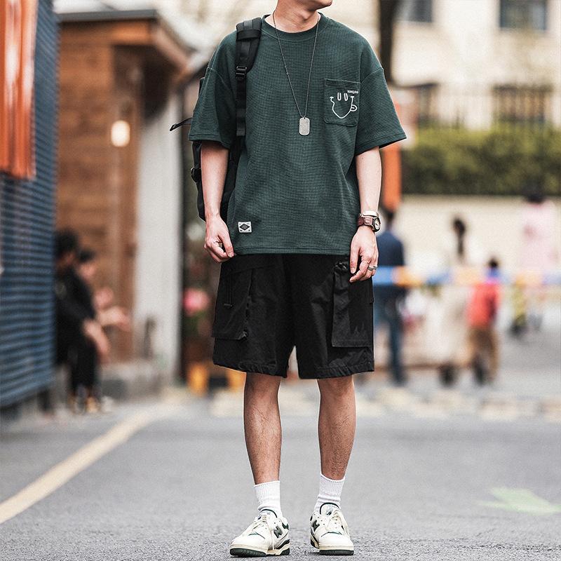 וופל יפני סטרץ' פיט קמטים רפוי גברים שרוול קצר אופנה שרוול קצר חולצות נוחות קלות משקל טי שירט