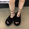 Fur Platform Wedges Women Slippers High Heels Shoes 2025 Trend Slingback Open Toe Short Plush Flip Flops Pumps Mujer Zapatos