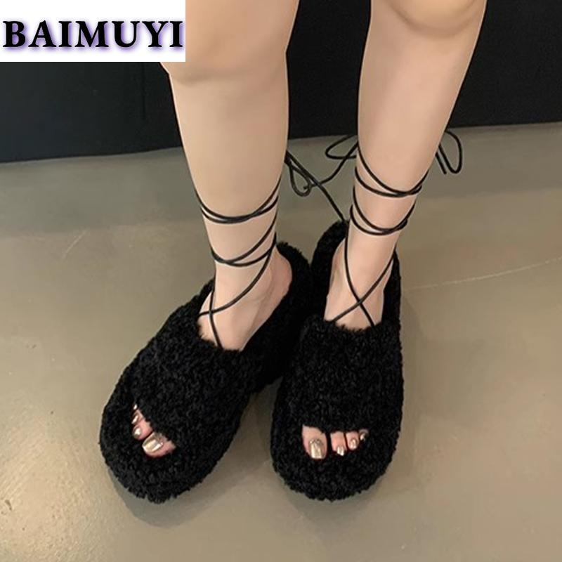 Fur Platform Wedges Women Slippers High Heels Shoes 2025 Trend Slingback Open Toe Short Plush Flip Flops Pumps Mujer Zapatos