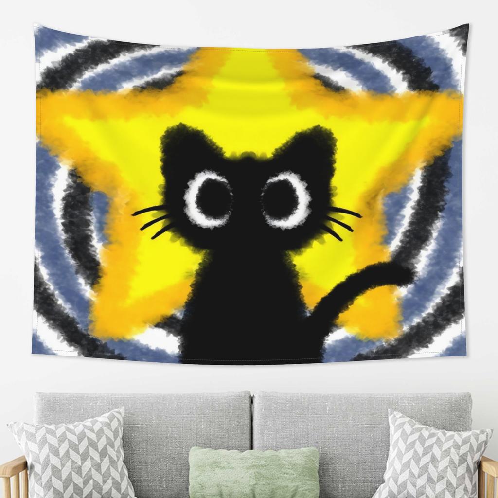 Boho Cat Tapestry Wall Hanging Yellow Blue Starburst Cat Silhouette Art Fabric Print Decor for Living Room Bedroom Apartment Pop