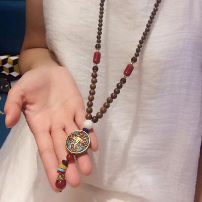 BLINGBAY Damen-Halskette mit Anhänger, nepalesischer handgefertigter Original-Anhänger, Holzperlen-Halskette, buddhistische Perlen, Retro-Literatur-Halskette, Pullover-Kette