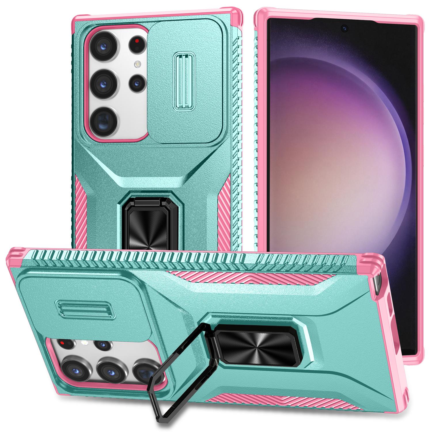 

For Samsung Galaxy S23 Ultra Case Slide Lens Lid PC+TPU Phone Cover Kickstand Shell Cyan/Pink
