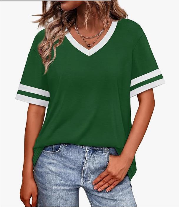 2026 Women's V-Neck Striped Color Block Loose Casual Sports Top