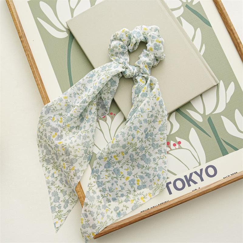 Chip Flower Grid Print Bow Hair Scarf Hair Scrunchies Chiffon Floral Scrunchie Hair Bands Ponytail Holder Scrunchy Ties 34cm 1Pc