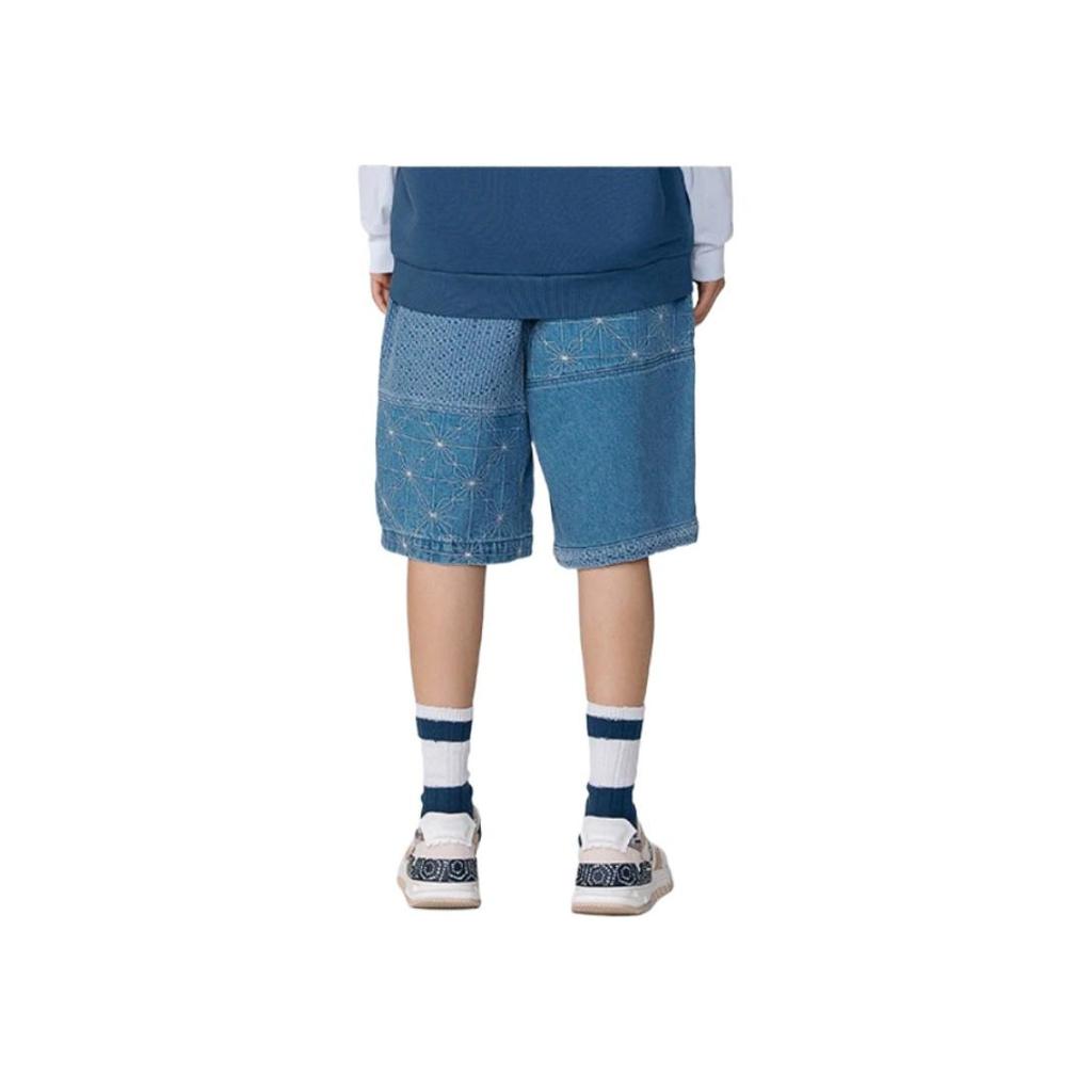 Li-Ning Basketball Series Solid Color Logo Embroidered Elastic Waist Denim Shorts Unisex Bottoms Blue AJSR009-1