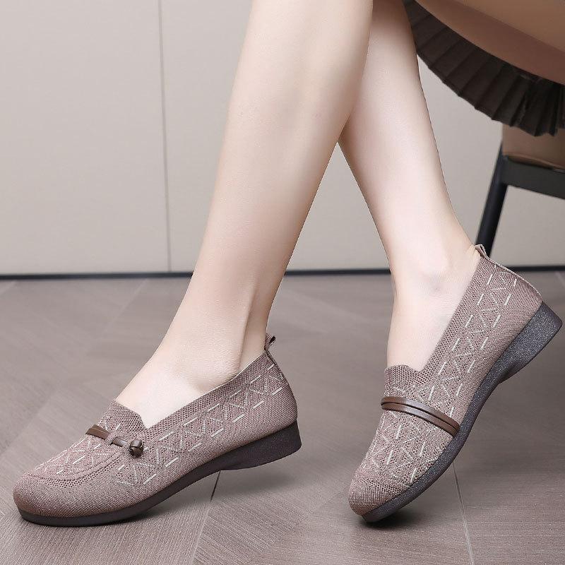 Spring and Summer New One-pedal Flat Shoes Women's Flying Weaving Breathable Middle-aged and Elderly Soft Sole PU Sole