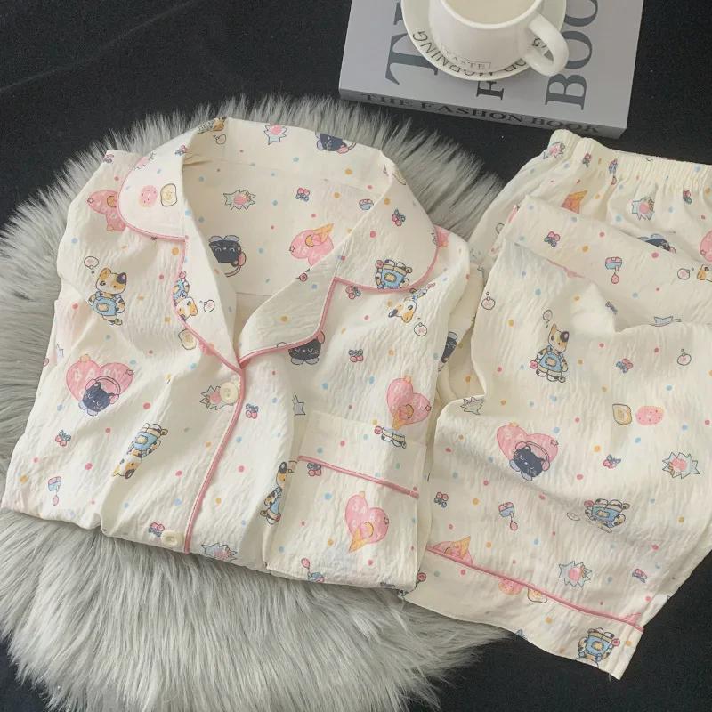 

«Женский пижамный комплект из хлопка Cherry Bear — весна/осень, длинный рукав, симпатичная верхняя одежда с мультяшным принтом» L (100-120 jin)