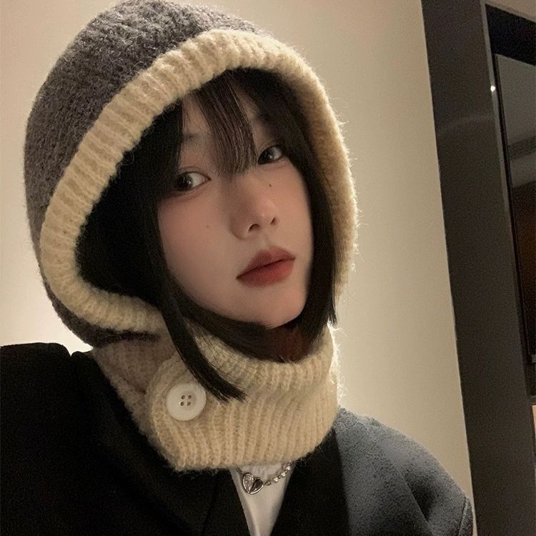 Autumn and winter balaclava hat women's warm hat scarf integrated couple cycling ear protection knitted wool hat