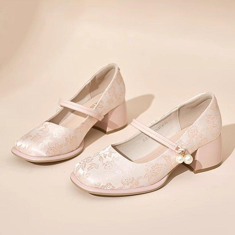 Fashion High heels women's shoes 2025 new Chinese style embroidery versatile strap single shoe square toe Mary Jane thick heel shoes