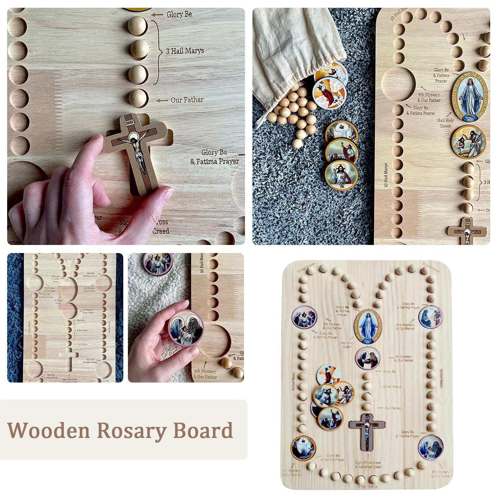 

Деревянная доска для четок Молитвенная доска с 54 четками, карточками на 12 сцен и сумкой для хранения