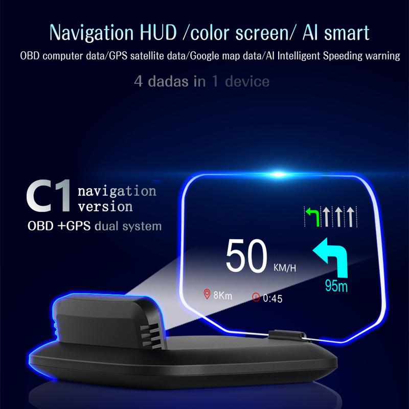 C1 Navigation Windshield Projection OBD2+GPS Head Up Display with Real-time Navigation Water Oil Temp RPM Turbo Press Display