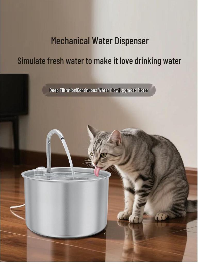 2.2L Stainless Steel Pet Water Fountain with Multi-Stage Filtration & Ultra-Quiet Continuous Flow for Cats
