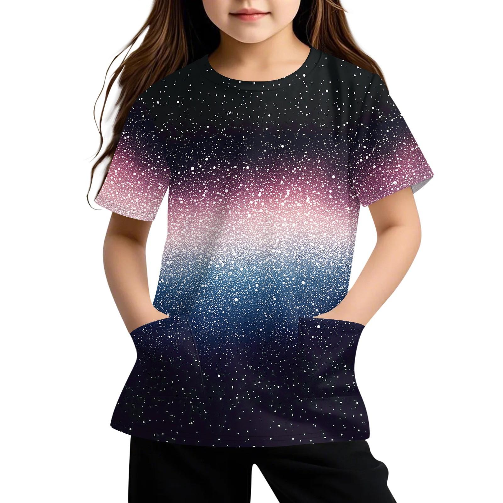 

Детская футболка с короткими рукавами и карманами, повседневная футболка с принтом, круглый вырез, блузка-пуловер 160 фиолетовый