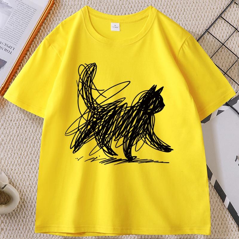 Abstract Cat Line T Shirt Minimalist Scribble Cat TShirt Funny Animal Tee Casual Comfortable Round Neck Short Sleeve Tshirt