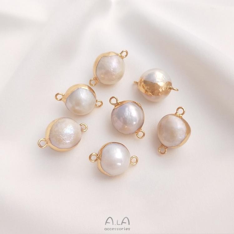 Natural Baroque Irregular Pearl Double Hole Rice Bead Flat Round Pendant for Handmade DIY Bezel Setting
