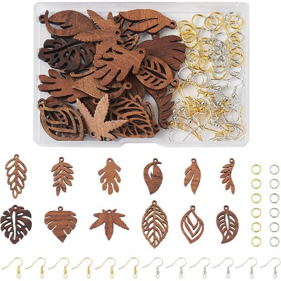 Wood Leaf Earring Cheriswelry Natural Wooden Dangle Earrings Making Kit Coconut Brown Wood Leaf Charms Brass Earring Hooks Jump Rings for Women