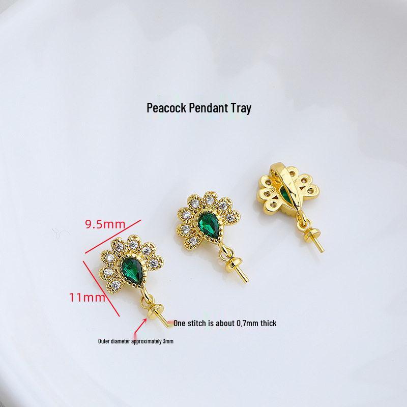 18K Gold-Plated Peacock Ear Hook & Pendant Set with Pearl Base and Zirconia Studs - DIY Earring Accessories