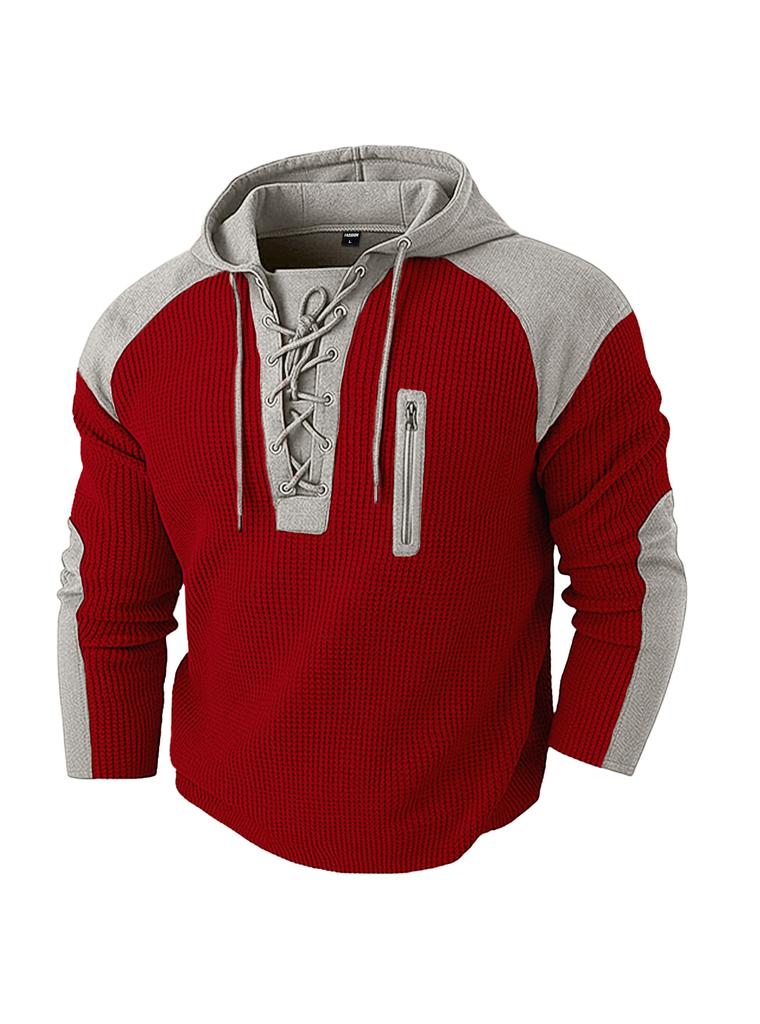 Men's Drawstring Hoodie Waffle Color Block Casual Athletic Sweatshirt Pullover
