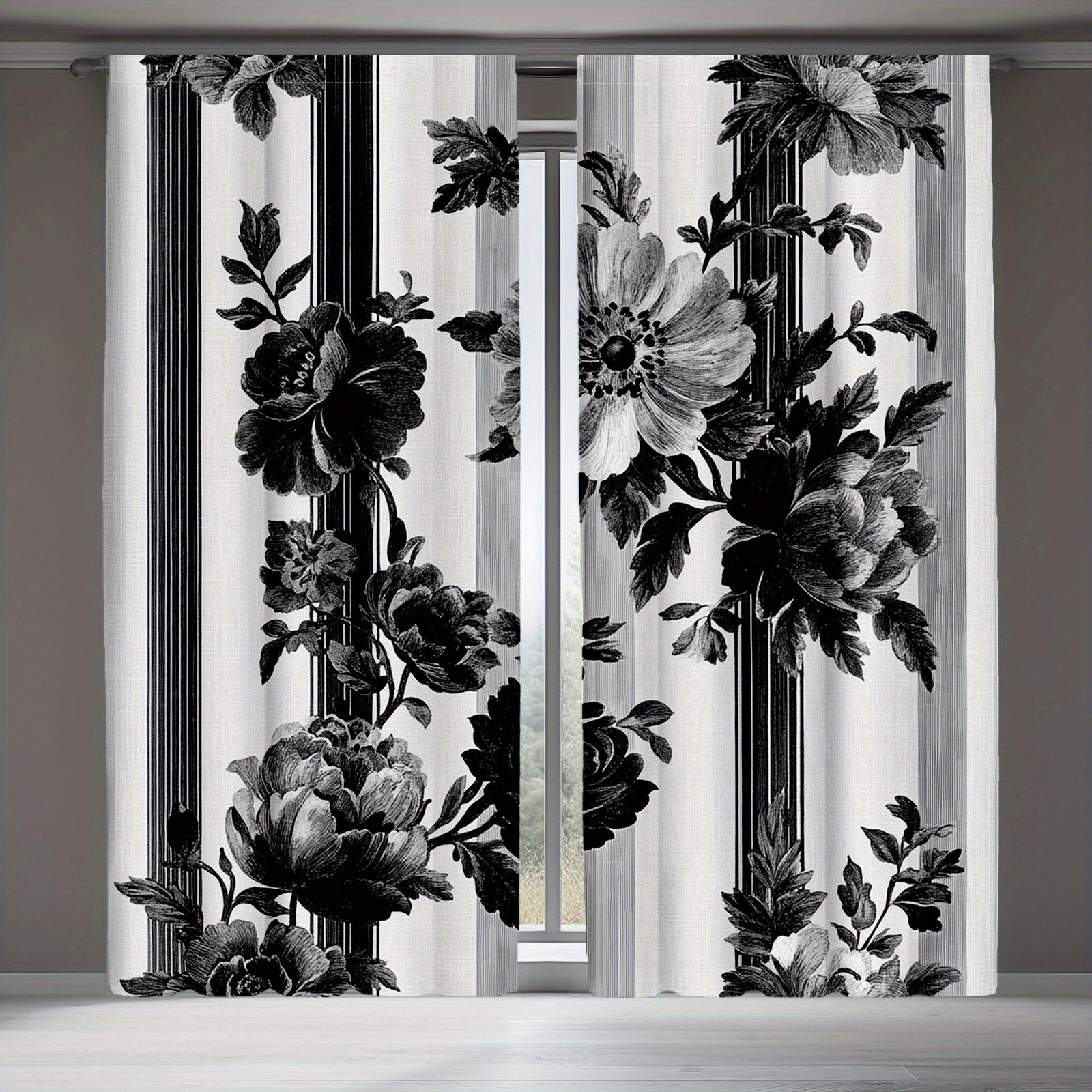

Black White Floral Pattern Curtains Polyester Fabric Suitable Living Room Bedroom Decoration Curtain Machine Washable Perfect For Great W100*H70(CM)-Hooks&1PCS