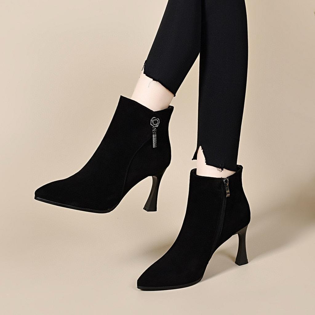 Pointed High-heeled Boots Women's Autumn and Winter New Thin-heeled Fashion Boots Black Fringed Flower Short Boots Ankle Boots