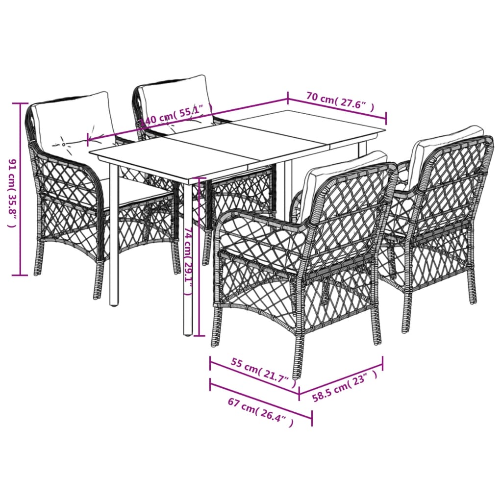 5 Piece Garden Dining Set with Cushions Gray Poly Rattan
