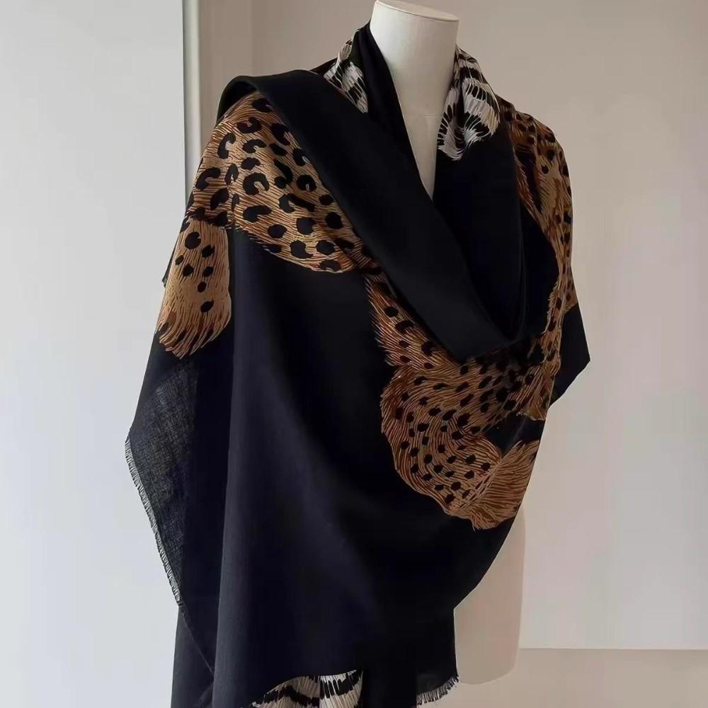 Fringed Edge Silk Scarf Leopard Print Fringed Shawl New Leopard Print Scarf  Head Styling