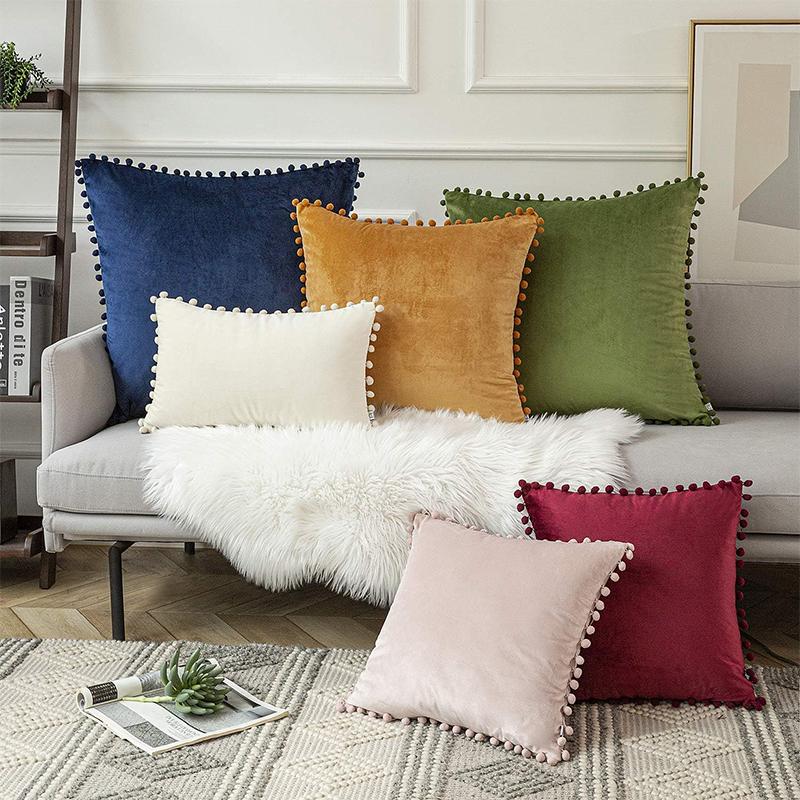 LMETJMA 1 Piece Burgundy Throw Pillow Covers with Pom Pom Velvet Euro Plush Cushion Covers for Sofa Couch Bedroom JT417