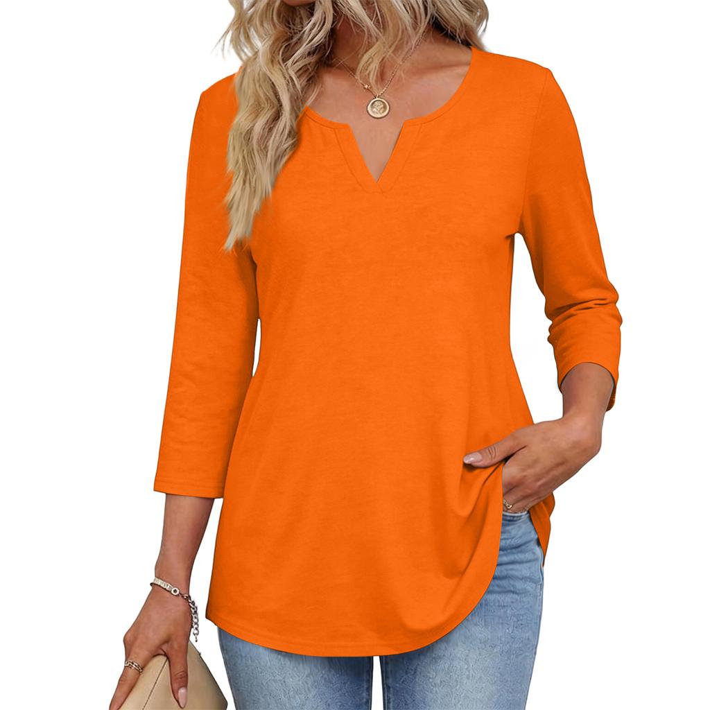 Modisches lässiges Damenoberteil mit V-Ausschnitt und Rundhalsausschnitt, 3/4-Ärmel