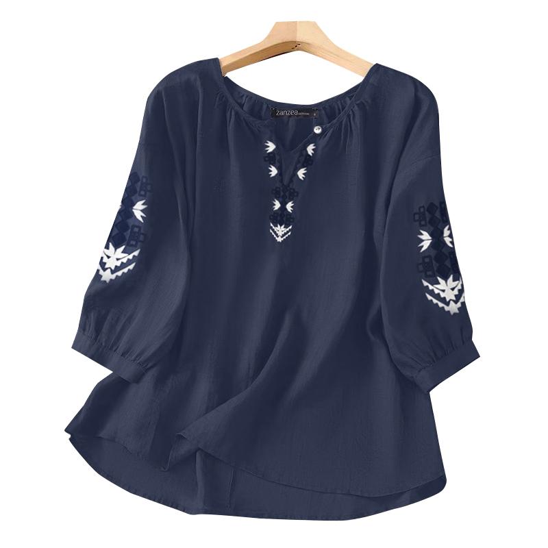 

ZANZEA Женская повседневная блузка с цветочной вышивкой, рукав 3/4, свободного кроя S тёмно-синий