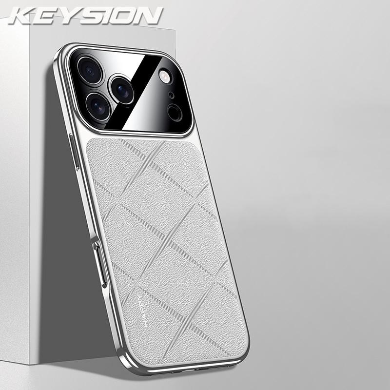 

KEYSION Luxury Grid Pattern PU Leather Case for iPhone 17 Pro Max Plating TPU Camera Protection Phone Cover for iPhone 17 Air for iPhone 17 Pro Max білий