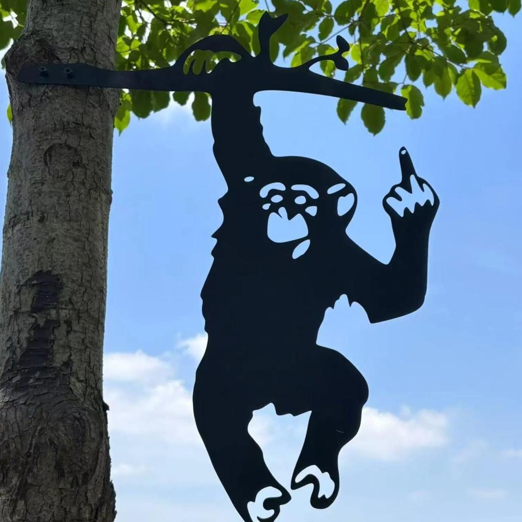 Monkey Showing Middle Finger Hanging On Tree Branch Garden Stake Metal Silhouette