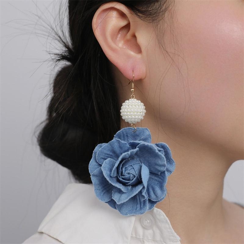Floral Drop Earrings Lightweight Camellia Earrings Allergy Free Blue Flower Ear Pendants Handmade Denims Ornament