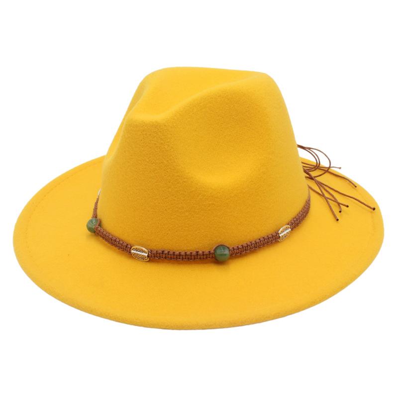 2023 New Top Hat Jade Accessories Woven Fleece Belt Foreign Trade Jazz Hat Big Eaves Show Small Face Big Head Circle Felt Hat