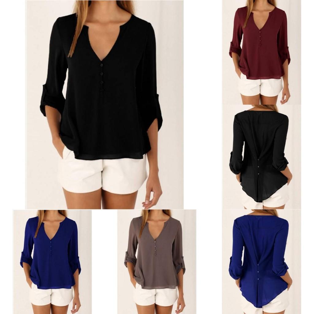 Elegant Women's Long Sleeve V Neck Loose Chiffon Blouse In 11 Stylish Colors And Sizes
