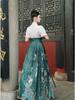 Chinese Style Embroidered Hanfu: Short-Sleeved Top & Gradient Dark Green Horse-Face Skirt Set