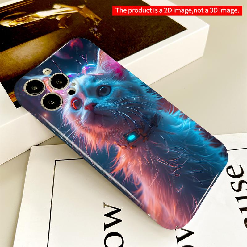 2DFlat Neon Cat in Space with Glowing Tech Collar All inclusive film hard iPhone case, compatible with iPhone 18 Pro Max 17 16 15 14 13 12 11