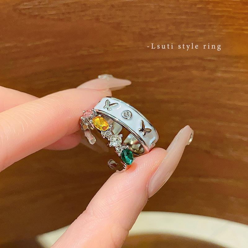 In the wind drop glaze white butterfly set ring female design colored diamond index finger ring open hand adjustable opening